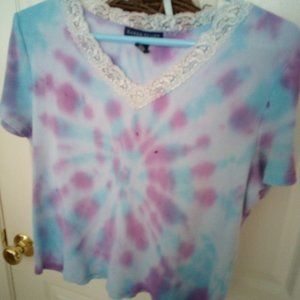 KAREN SCOTT Petite Large Womens VNeck Lace Knit Cotton Tie Dye Light Blue Purple